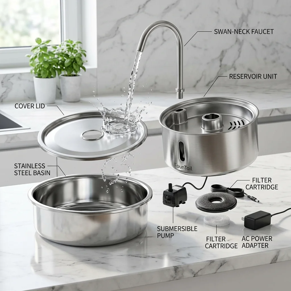 Exploded View of FounTail Stainless Steel Basin and Components