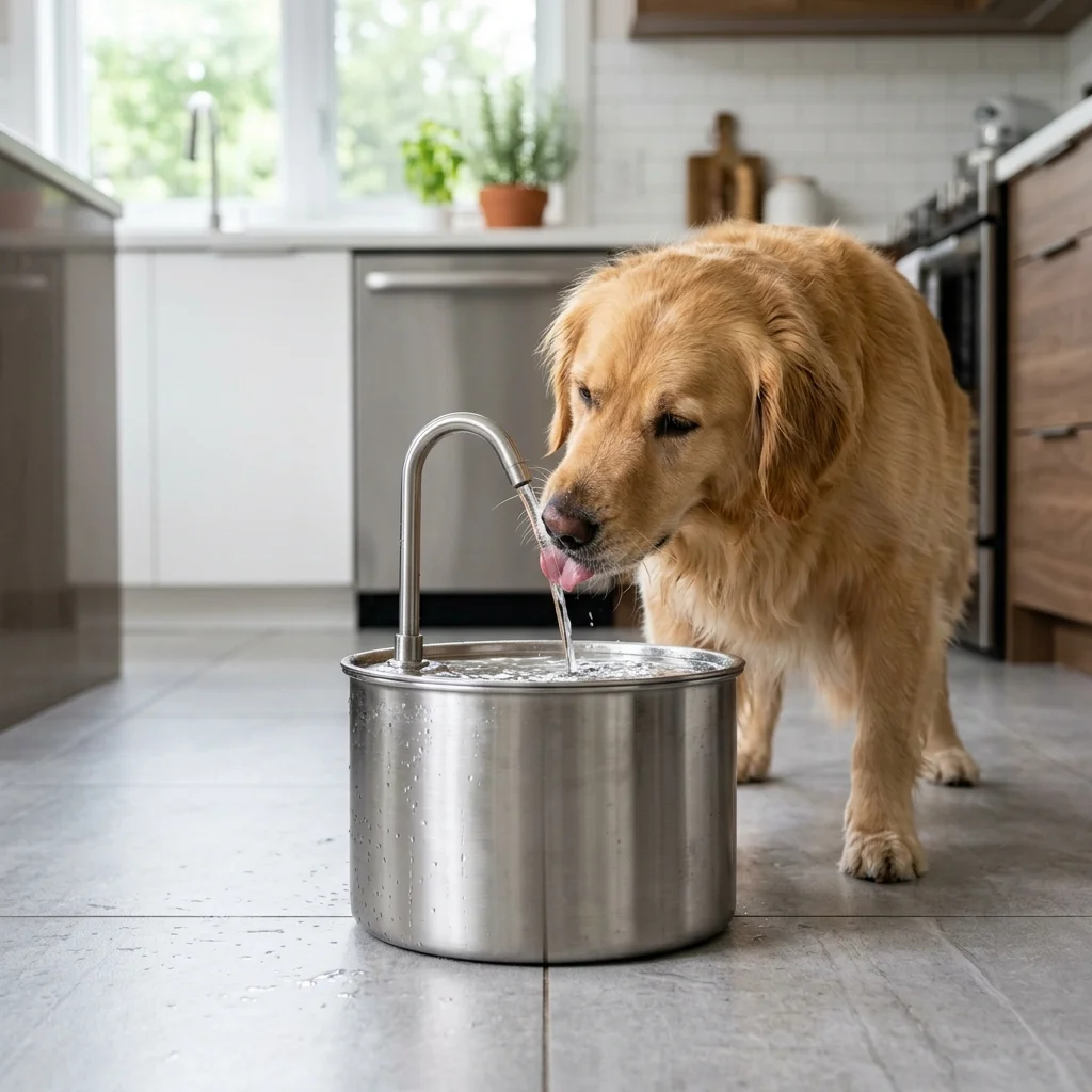 Golden Retriever Drinking from FounTail Stainless Steel Fountain