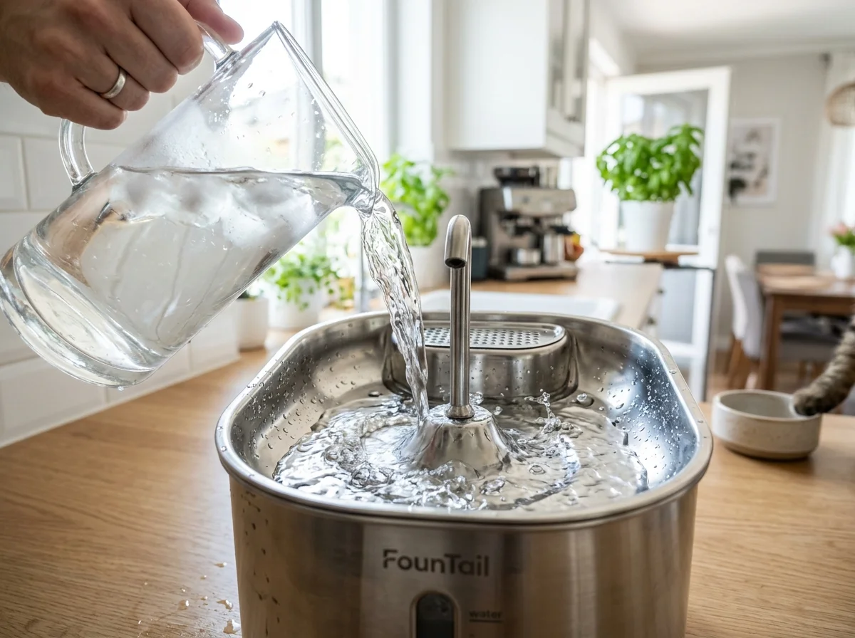 Pouring Clean Water into FounTail Stainless Steel Bowl