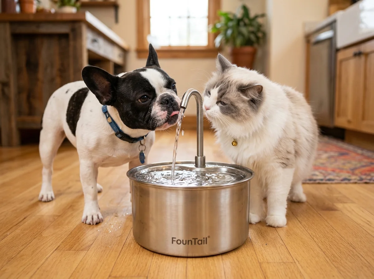 French Bulldog and Cat Drinking from FounTail Fountain