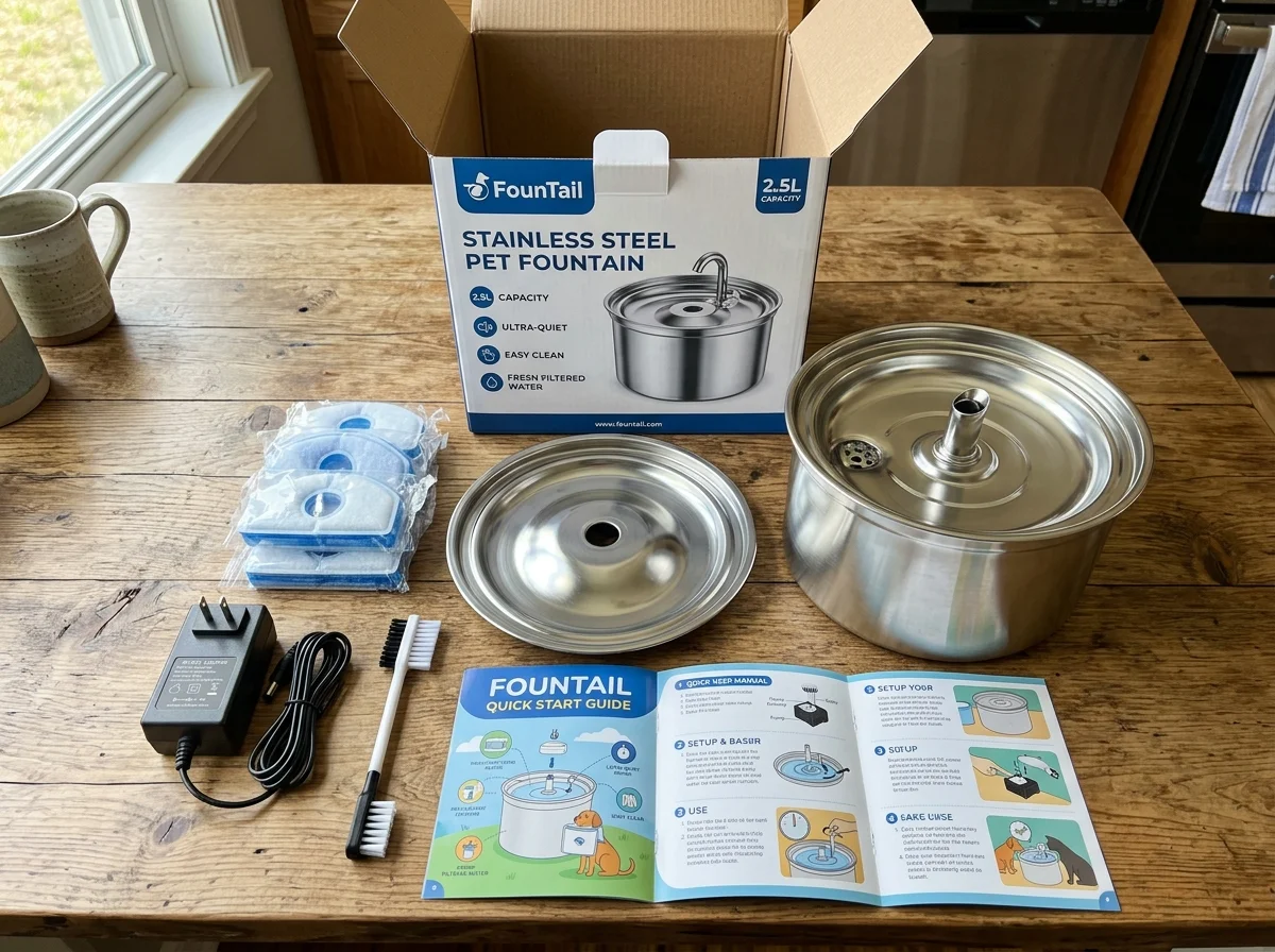 FounTail Pet Fountain Retail Package and Accessories
